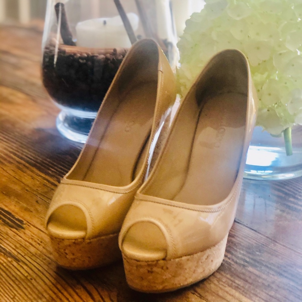 Jimmy Choo Papina Patent Leather Wedge- Nude 36